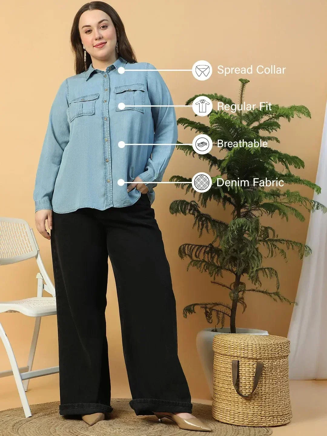 Quick Light Blue Collared Neck With Button Down Long Sleeve Plus Size Women Cotton Denim Shirt - Image 2