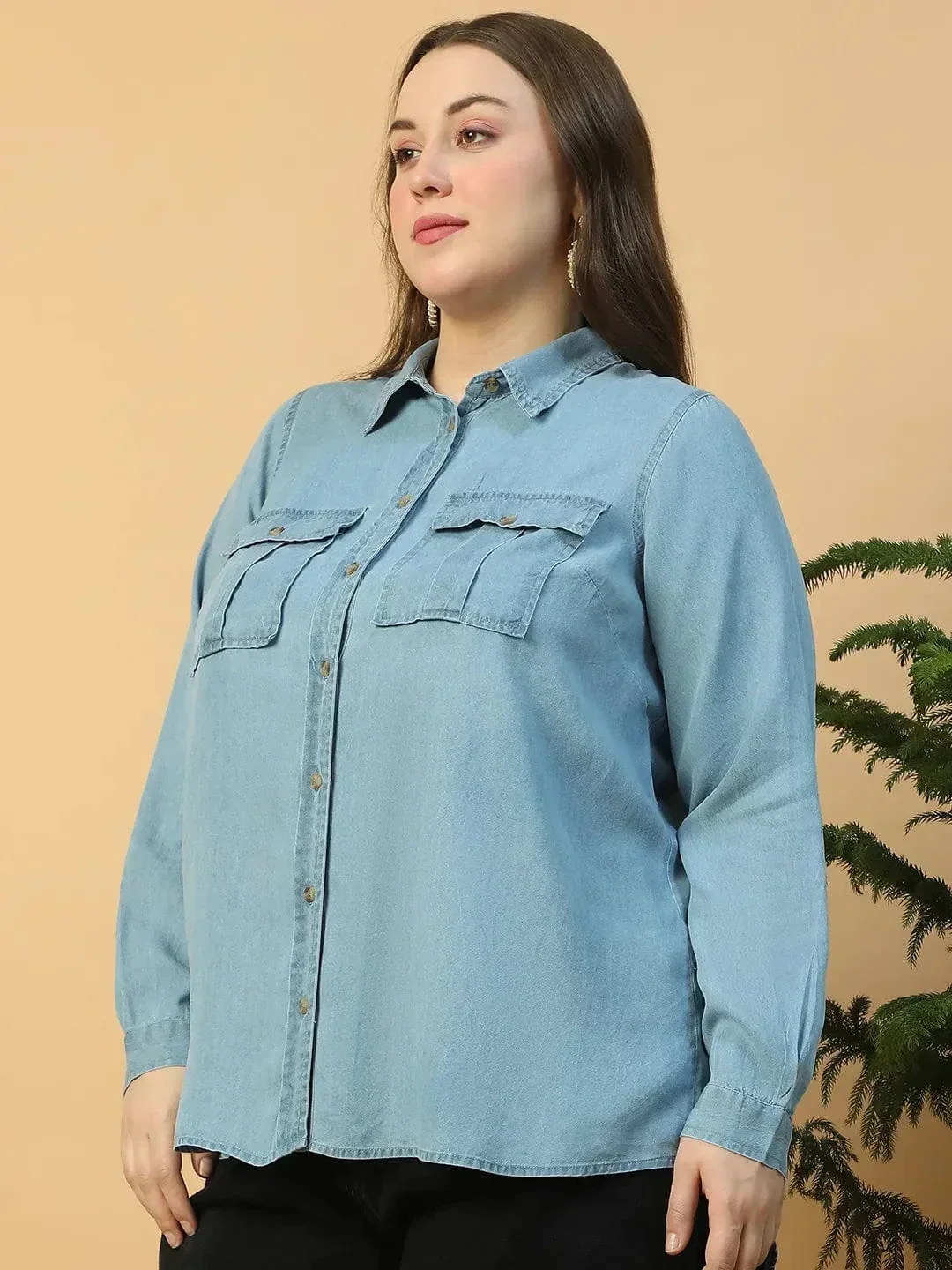 Quick Light Blue Collared Neck With Button Down Long Sleeve Plus Size Women Cotton Denim Shirt - Image 4