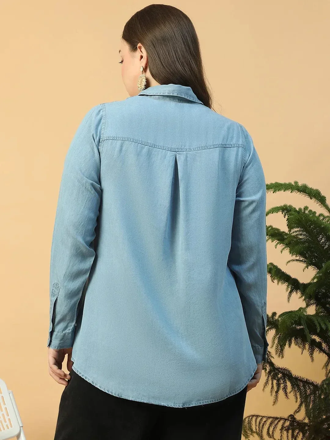 Quick Light Blue Collared Neck With Button Down Long Sleeve Plus Size Women Cotton Denim Shirt - Image 6