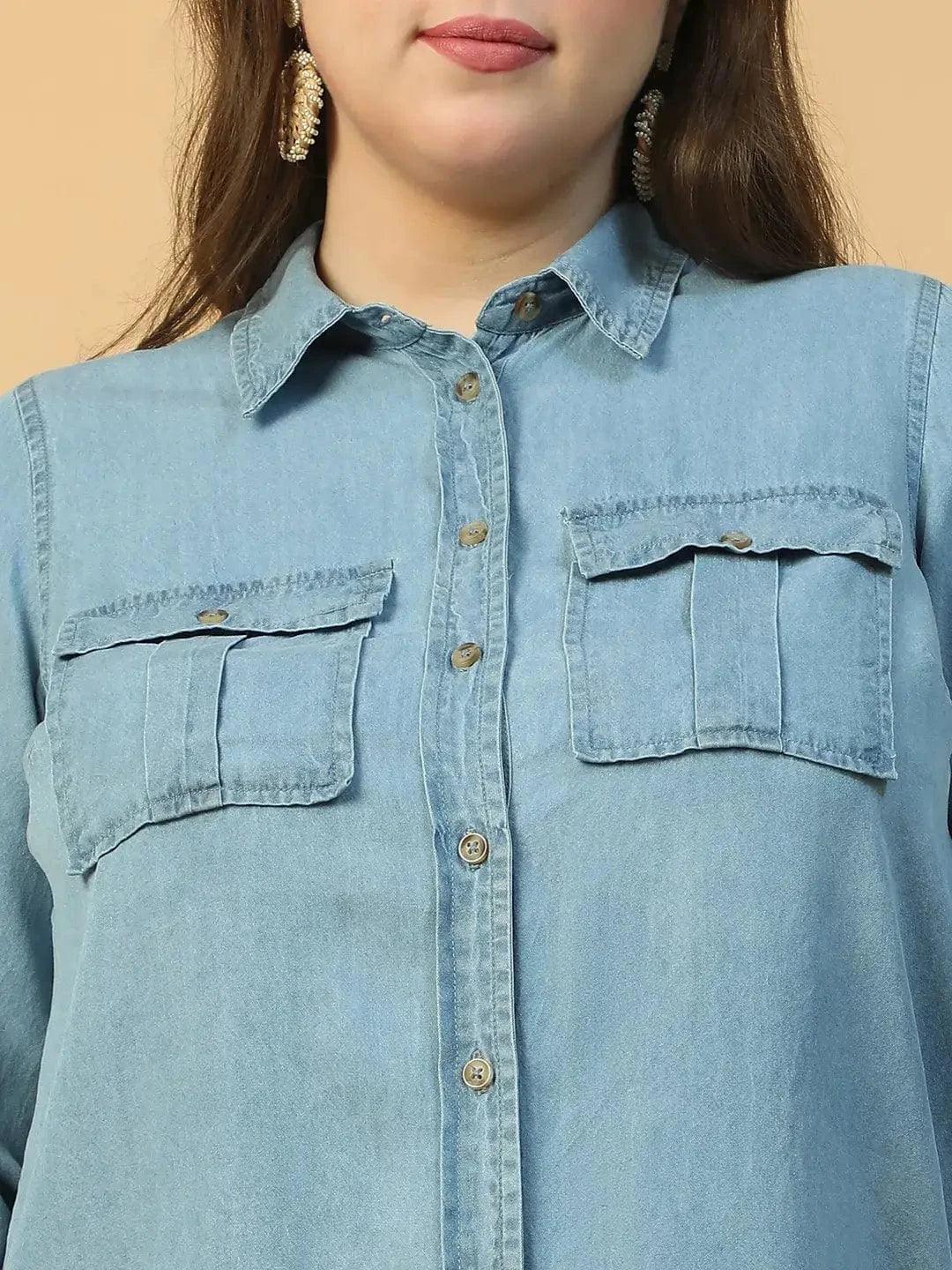 Quick Light Blue Collared Neck With Button Down Long Sleeve Plus Size Women Cotton Denim Shirt - Image 7