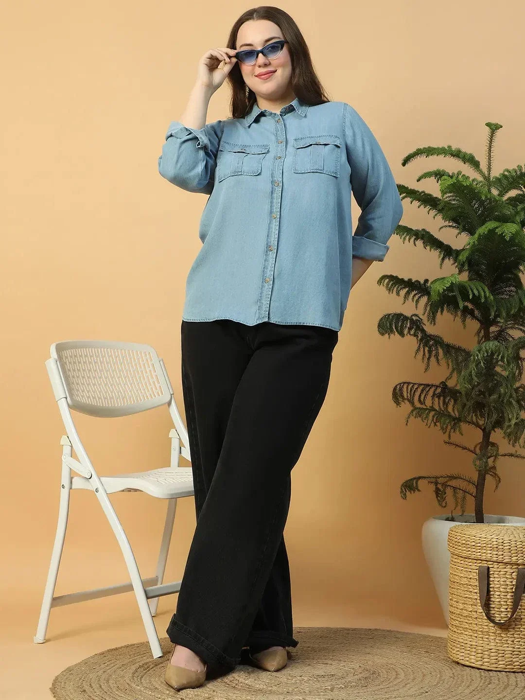 Quick Light Blue Collared Neck With Button Down Long Sleeve Plus Size Women Cotton Denim Shirt - Image 8