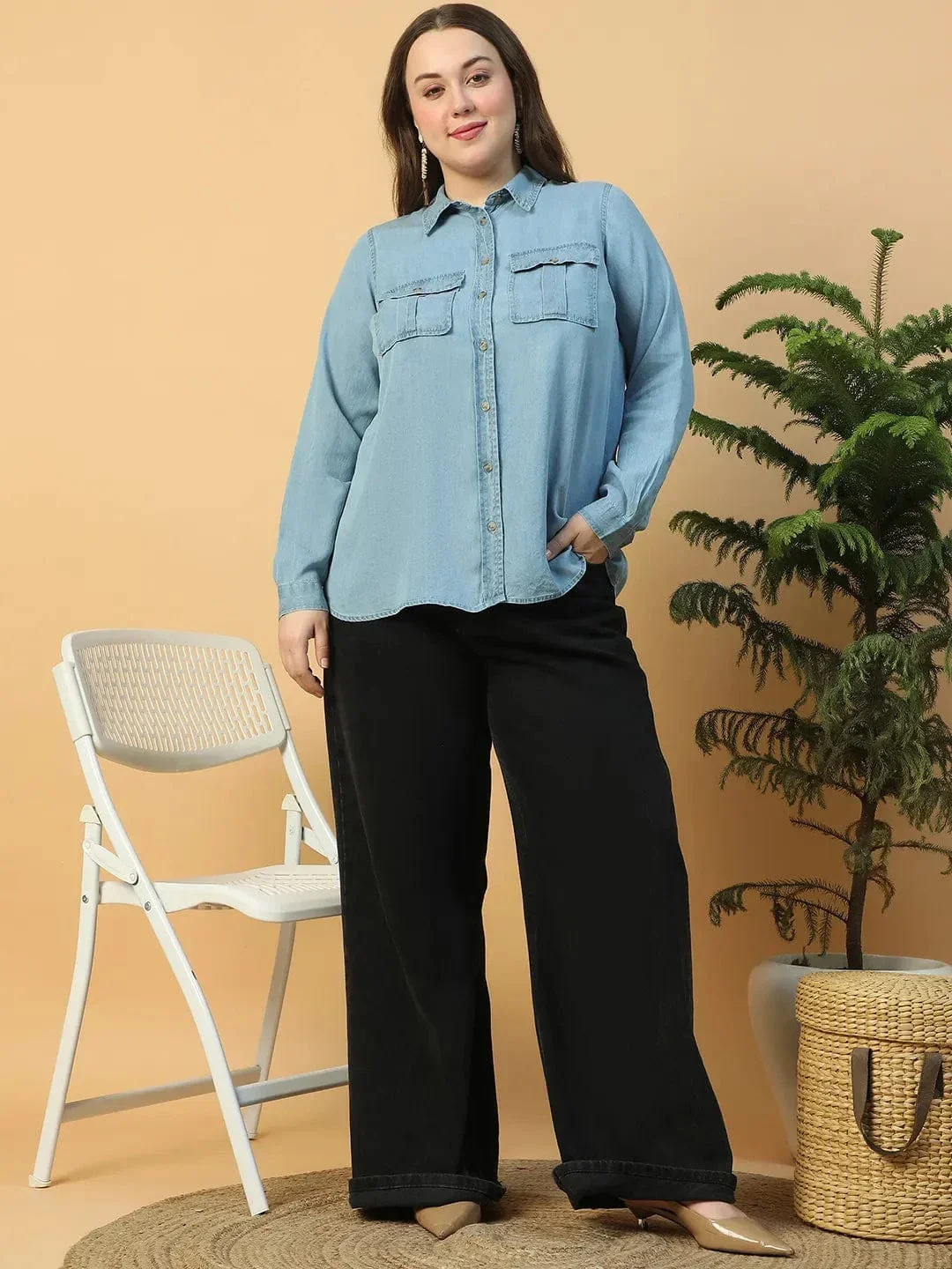 Quick Light Blue Collared Neck With Button Down Long Sleeve Plus Size Women Cotton Denim Shirt - Image 9