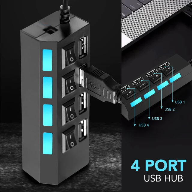 QuickHub: 4-Port USB 2.0 Hub with Power Switches, LED Indicators, 480 Mbps Transfer Speed & Fuse Protection - Image 2