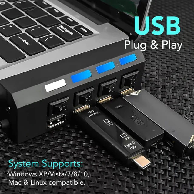 QuickHub: 4-Port USB 2.0 Hub with Power Switches, LED Indicators, 480 Mbps Transfer Speed & Fuse Protection - Image 3