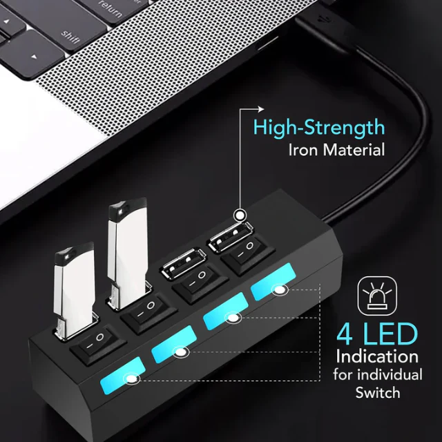 QuickHub: 4-Port USB 2.0 Hub with Power Switches, LED Indicators, 480 Mbps Transfer Speed & Fuse Protection - Image 5
