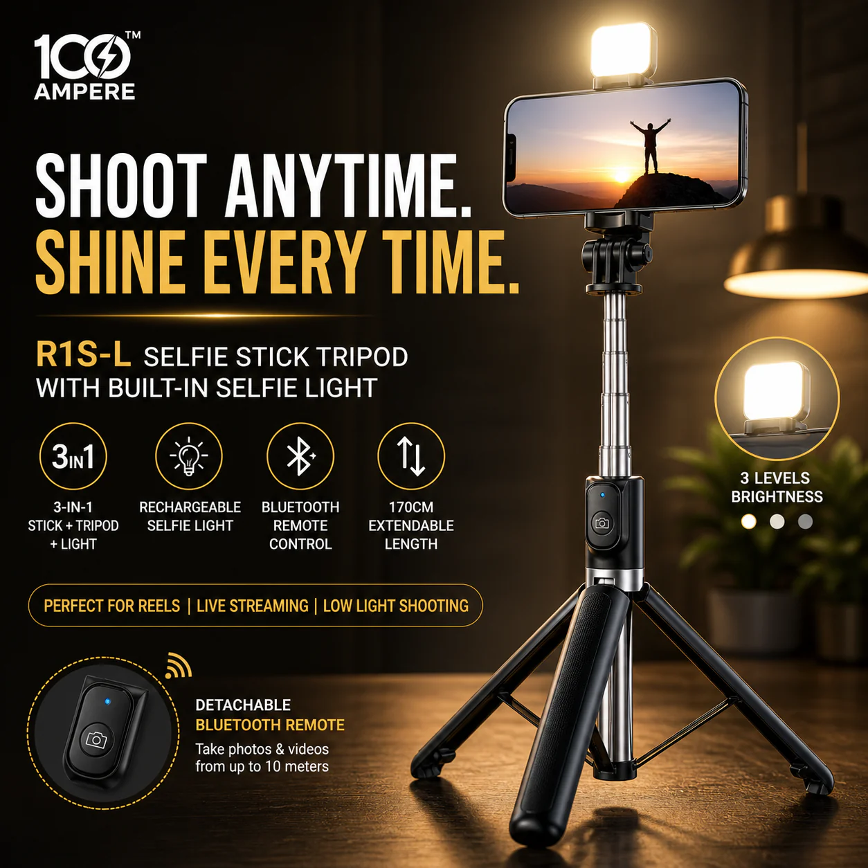 R1S-L Selfie Stick Tripod with Bluetooth Remote + Flashlight