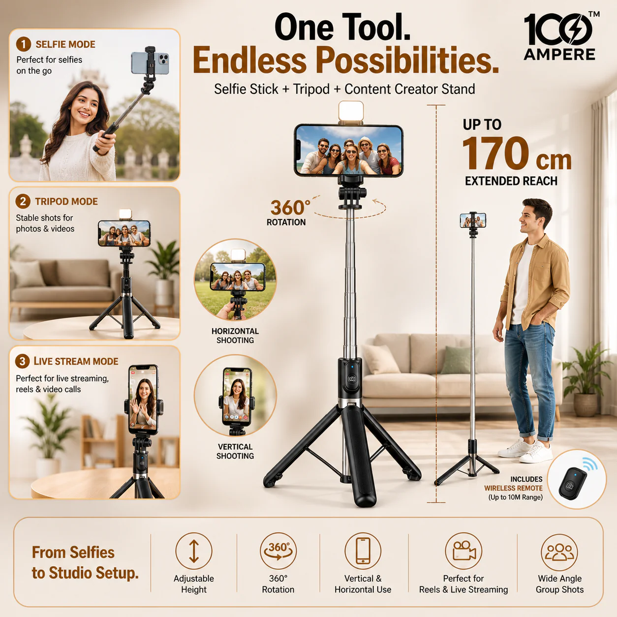 R1S-L Selfie Stick Tripod with Bluetooth Remote + Flashlight - Image 3