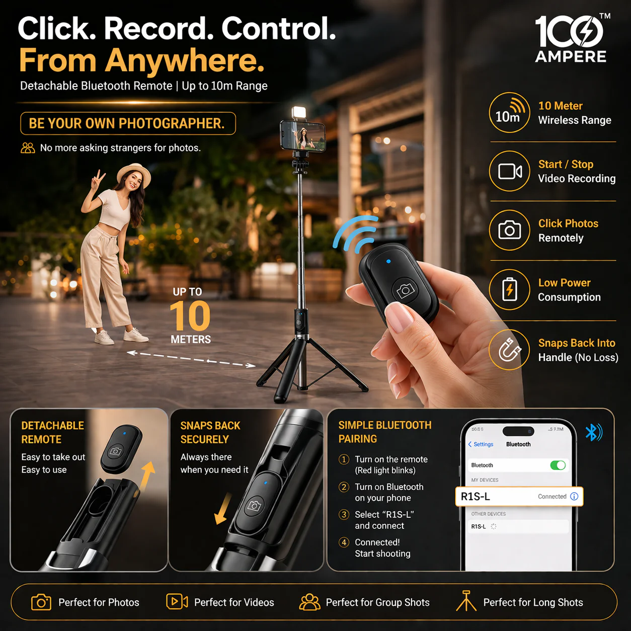 R1S-L Selfie Stick Tripod with Bluetooth Remote + Flashlight - Image 4