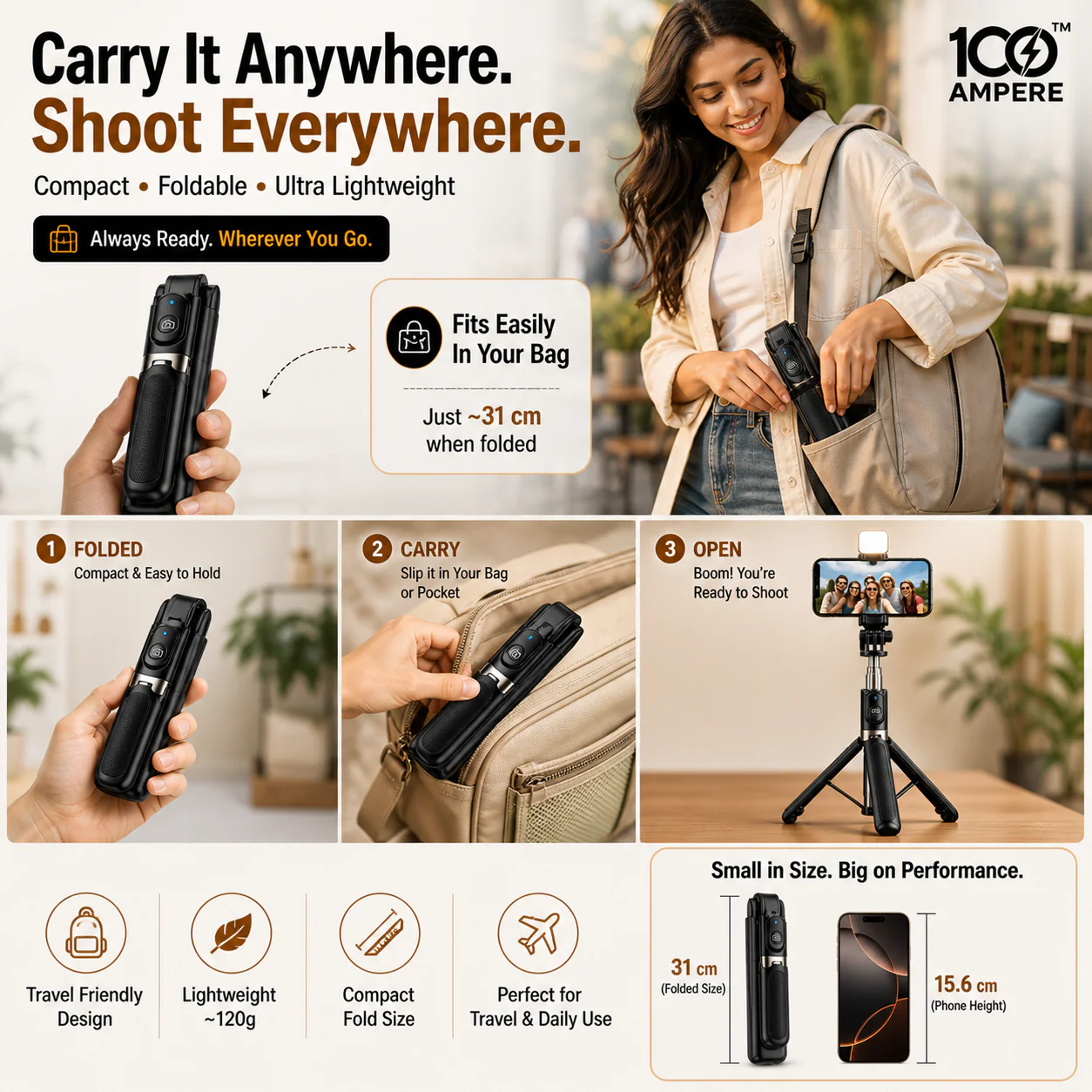 R1S-L Selfie Stick Tripod with Bluetooth Remote + Flashlight - Image 5