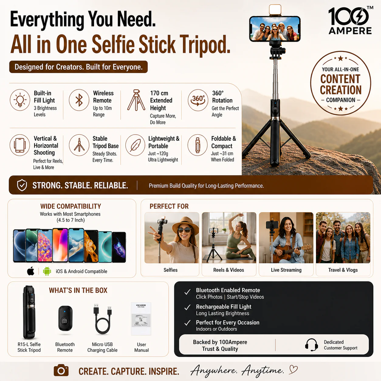 R1S-L Selfie Stick Tripod with Bluetooth Remote + Flashlight - Image 6