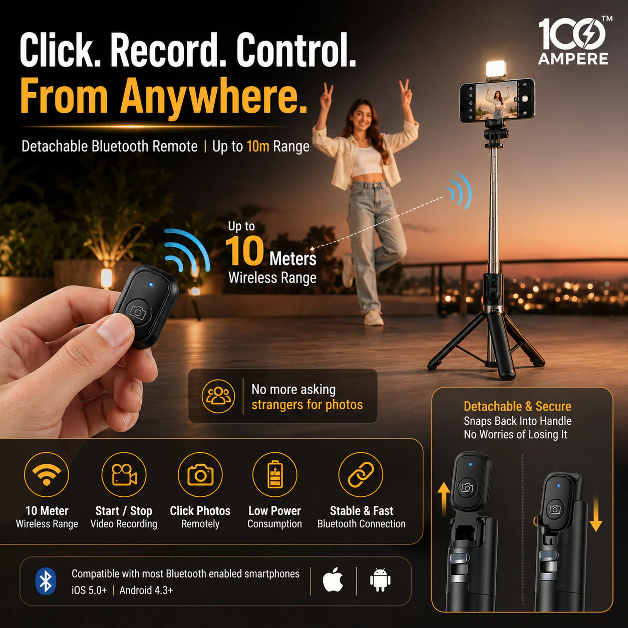 R1S-L Selfie Stick Tripod with Bluetooth Remote + Flashlight - Image 7