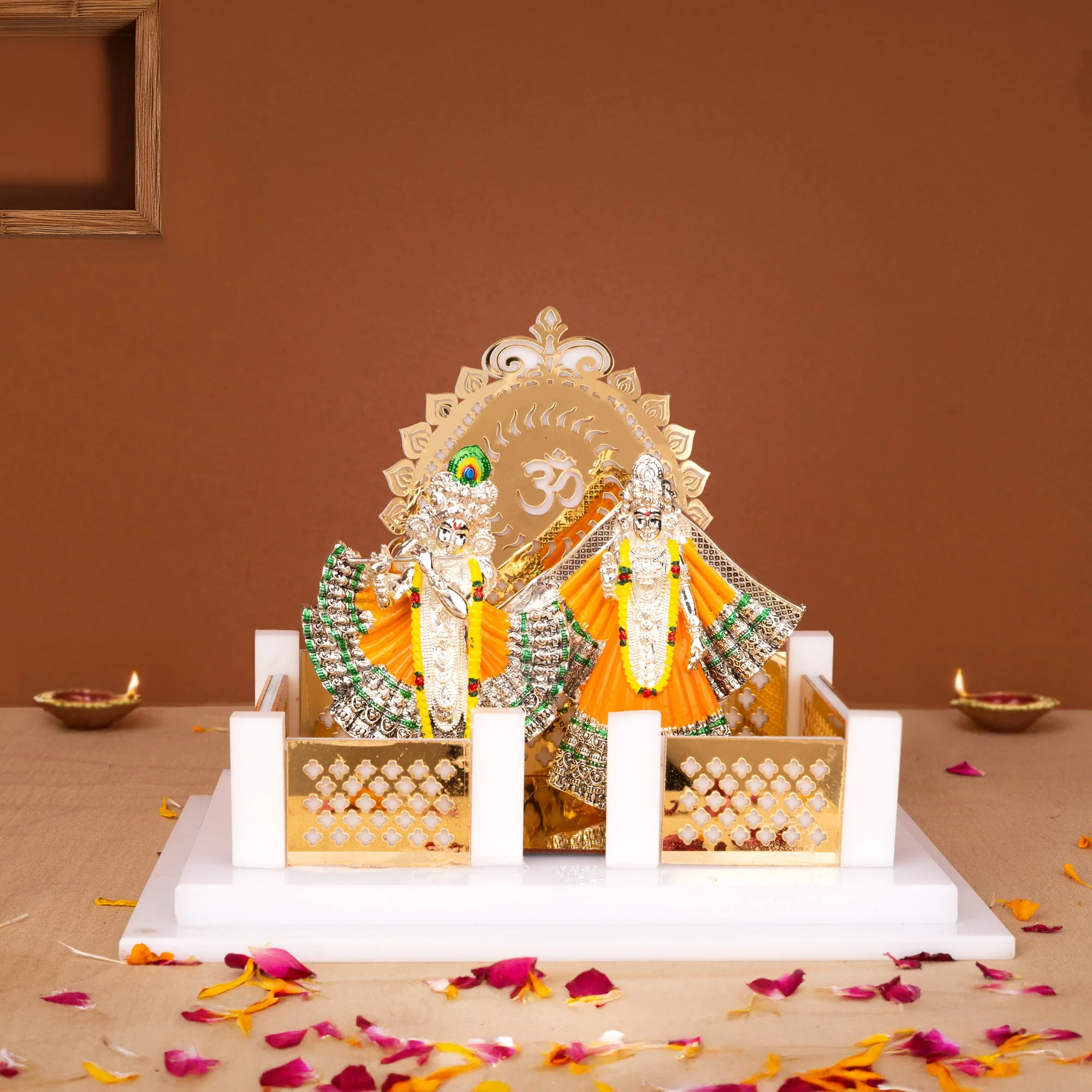 Radha Krishna Idol with Acrylic Temple Gold And Silver Divine Decorative Showpiece for Home Mandir & Gifting
