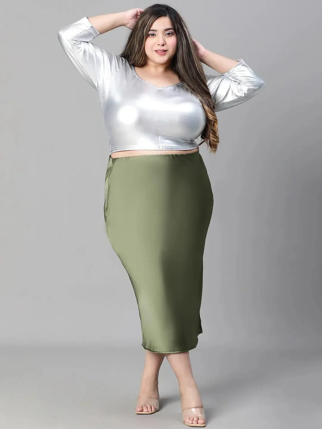 Raffle Green Elasticated Plus Size Women Long Satin Skirt - Image 2