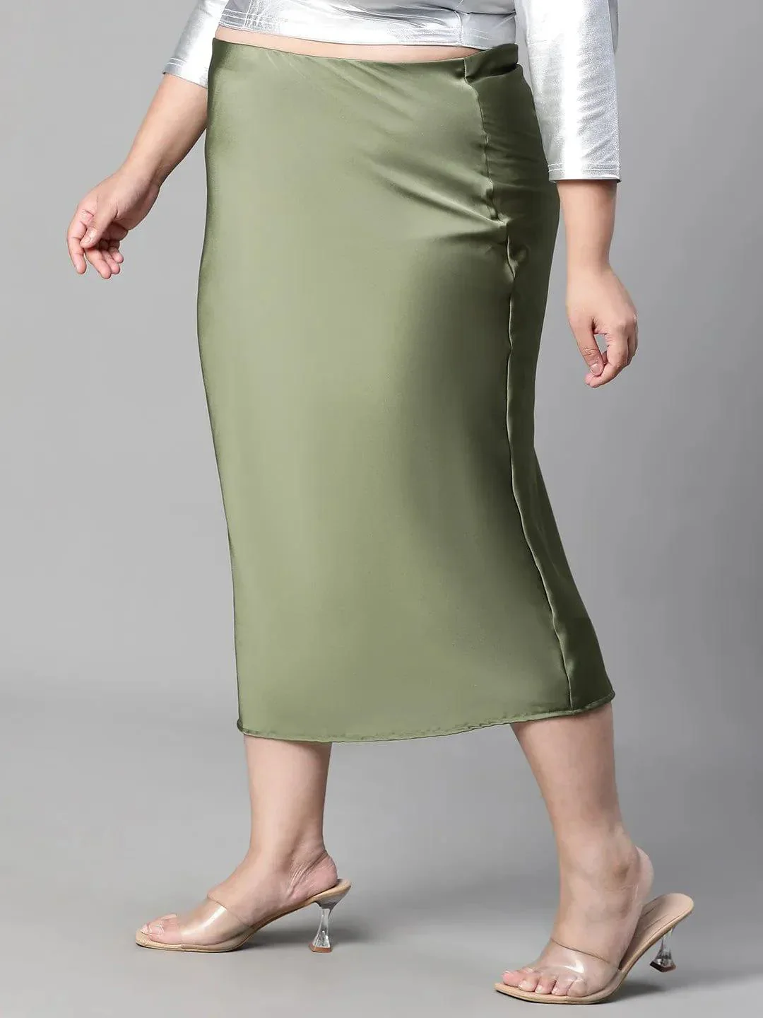 Raffle Green Elasticated Plus Size Women Long Satin Skirt - Image 3