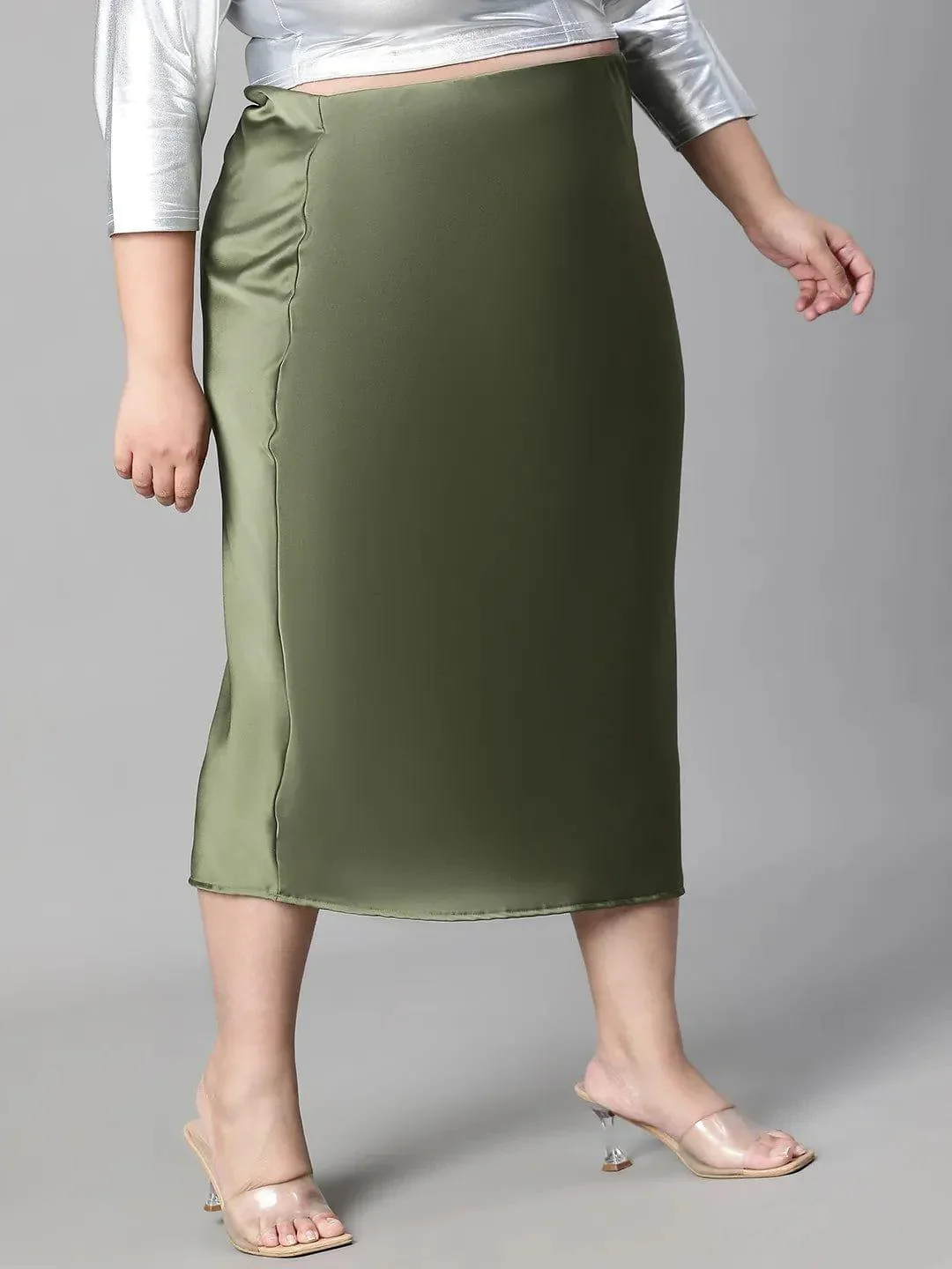 Raffle Green Elasticated Plus Size Women Long Satin Skirt - Image 4