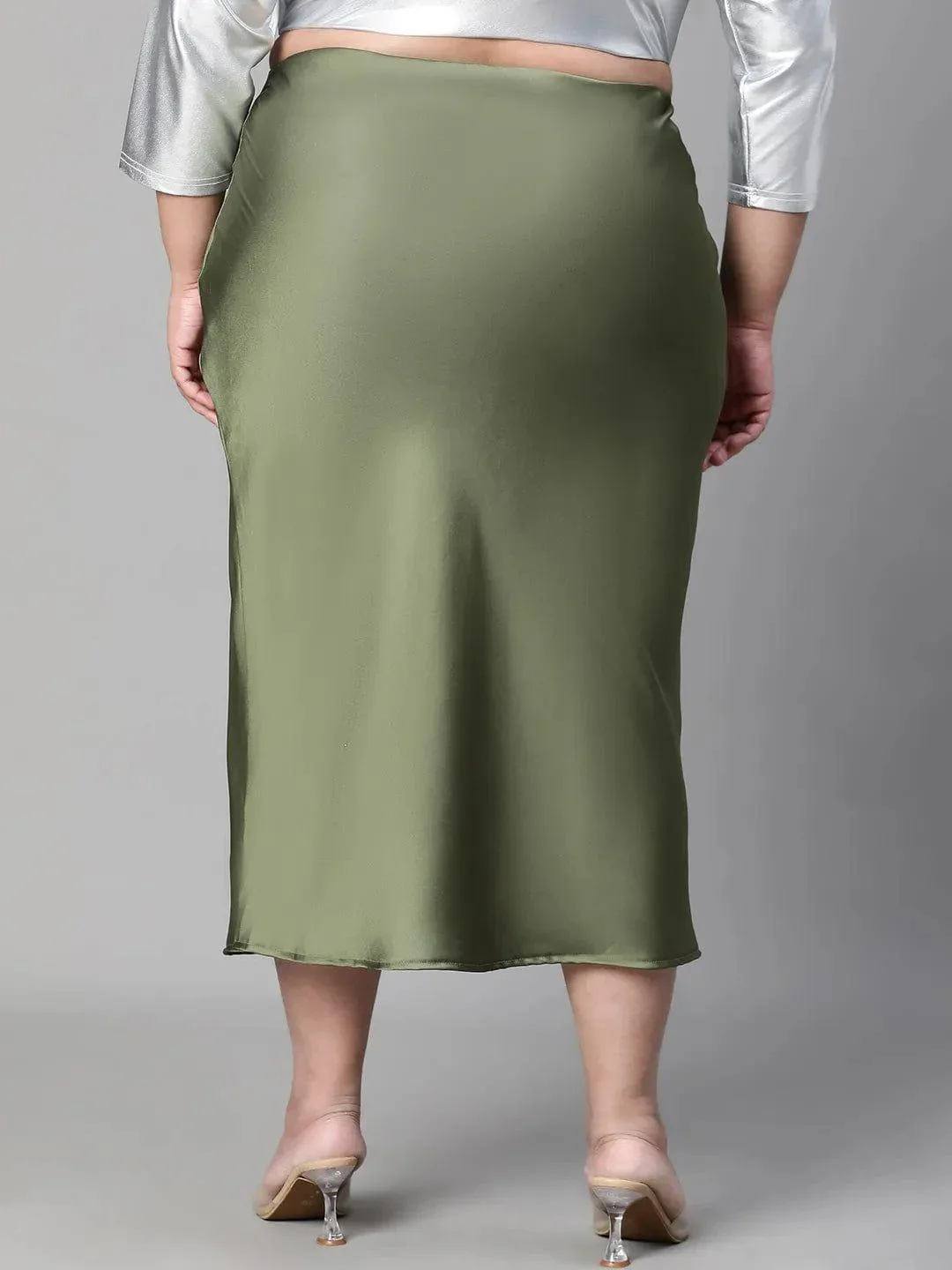 Raffle Green Elasticated Plus Size Women Long Satin Skirt - Image 5