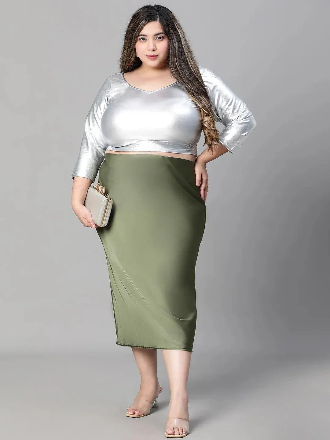 Raffle Green Elasticated Plus Size Women Long Satin Skirt - Image 7