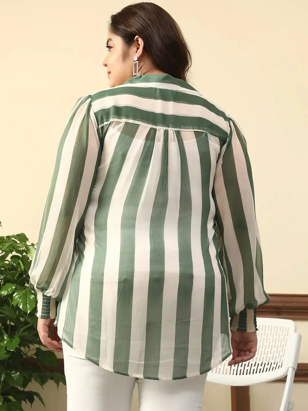Random Green Stripe Print Collared Long Sleeve Poly Chiffon Plus Size Women Top - Image 5