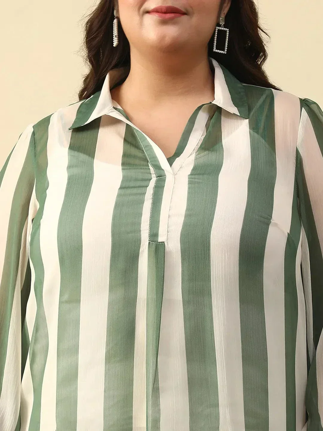 Random Green Stripe Print Collared Long Sleeve Poly Chiffon Plus Size Women Top - Image 6