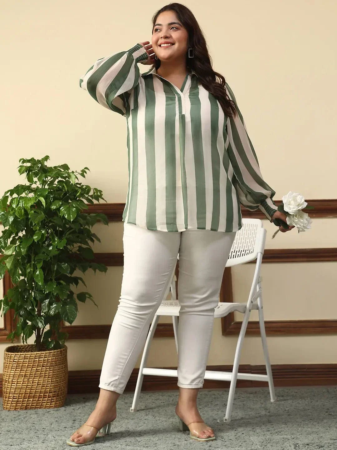 Random Green Stripe Print Collared Long Sleeve Poly Chiffon Plus Size Women Top - Image 8