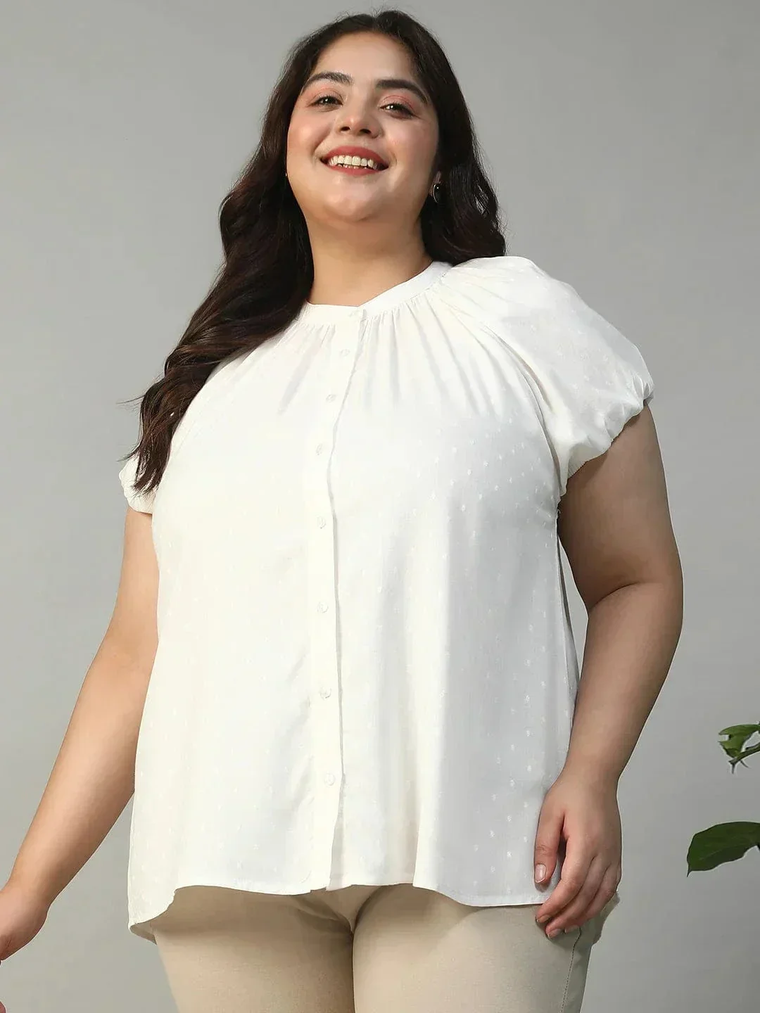 Ravishing White Gather Detail Short Sleeve Button Down Rayon Swiss Dot Dobby Plus Size Women Shirt - Image 2