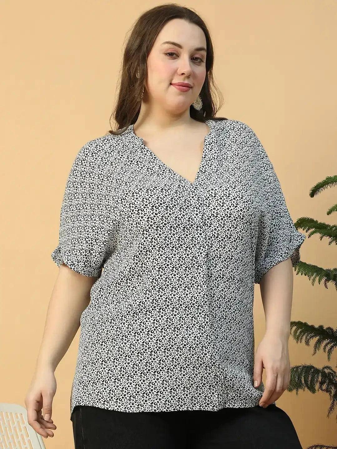 Real White Floral Print Short Sleeve Plus Size Women Top - Image 5