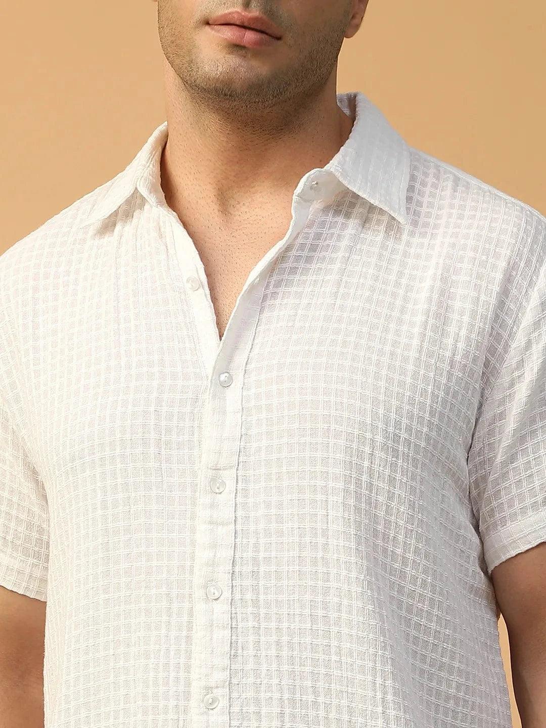 Rebel Solid White Collared Short Sleeve Men Cotton Dobby Oversized Shirt - Image 7