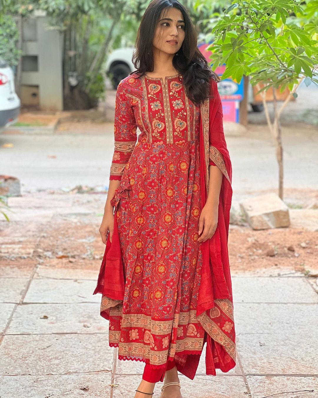 Red Anarkali Pure Cotton Kurta set - Image 6