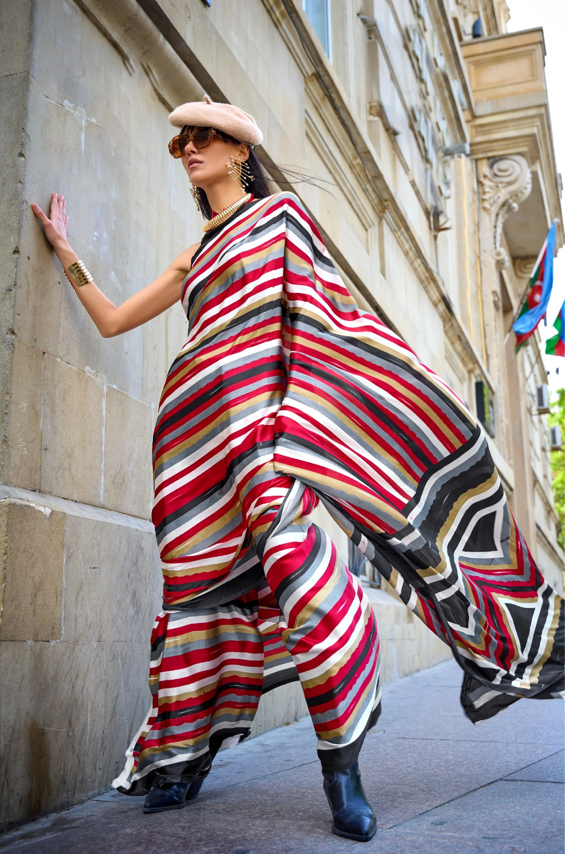 Red And Black Digital Print Satin Crepe Saree