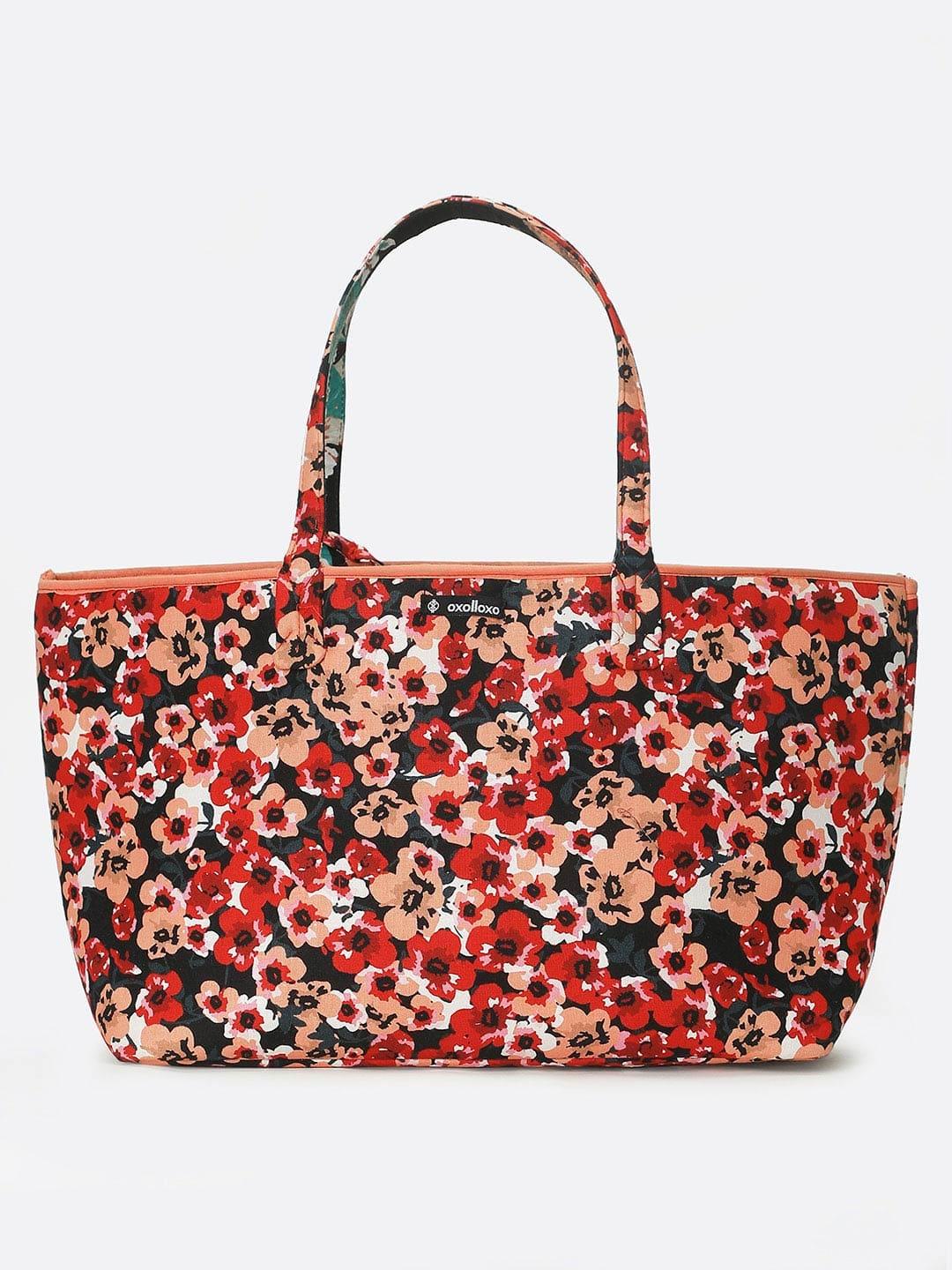 Red Black Floral Print Women Reversible Handbag For Fashion - Image 2