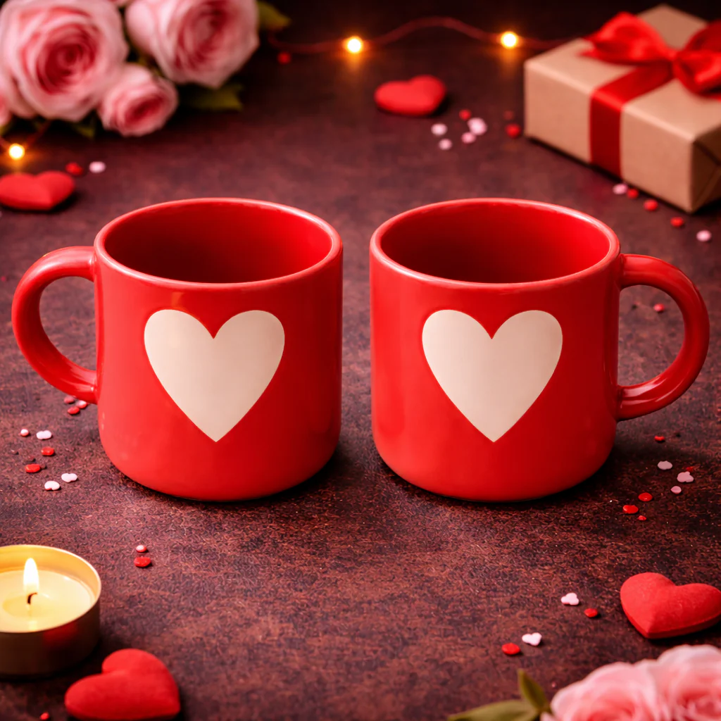 Red Coffee Mug with White Heart | Set of 2