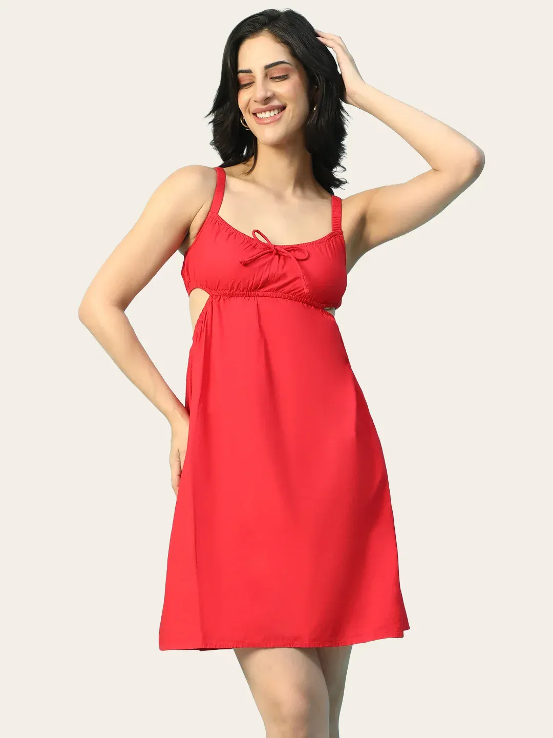 Red Cotton Poplin Cut-Out Sleeveless Shoulder Strap Women Dress