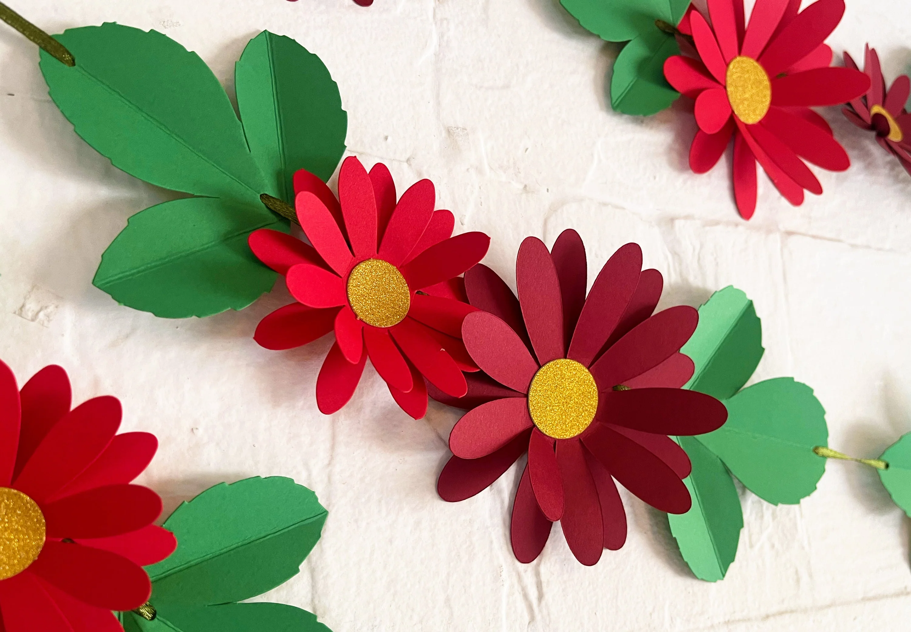 Red Daisy Flower & Leaves Paper Bunting & Wall Decor - Image 2