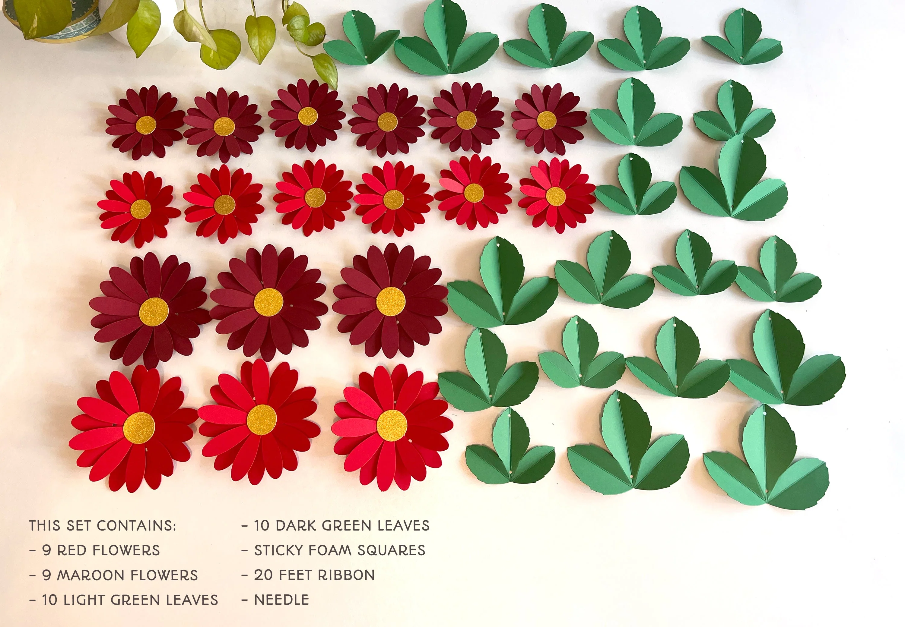 Red Daisy Flower & Leaves Paper Bunting & Wall Decor - Image 3