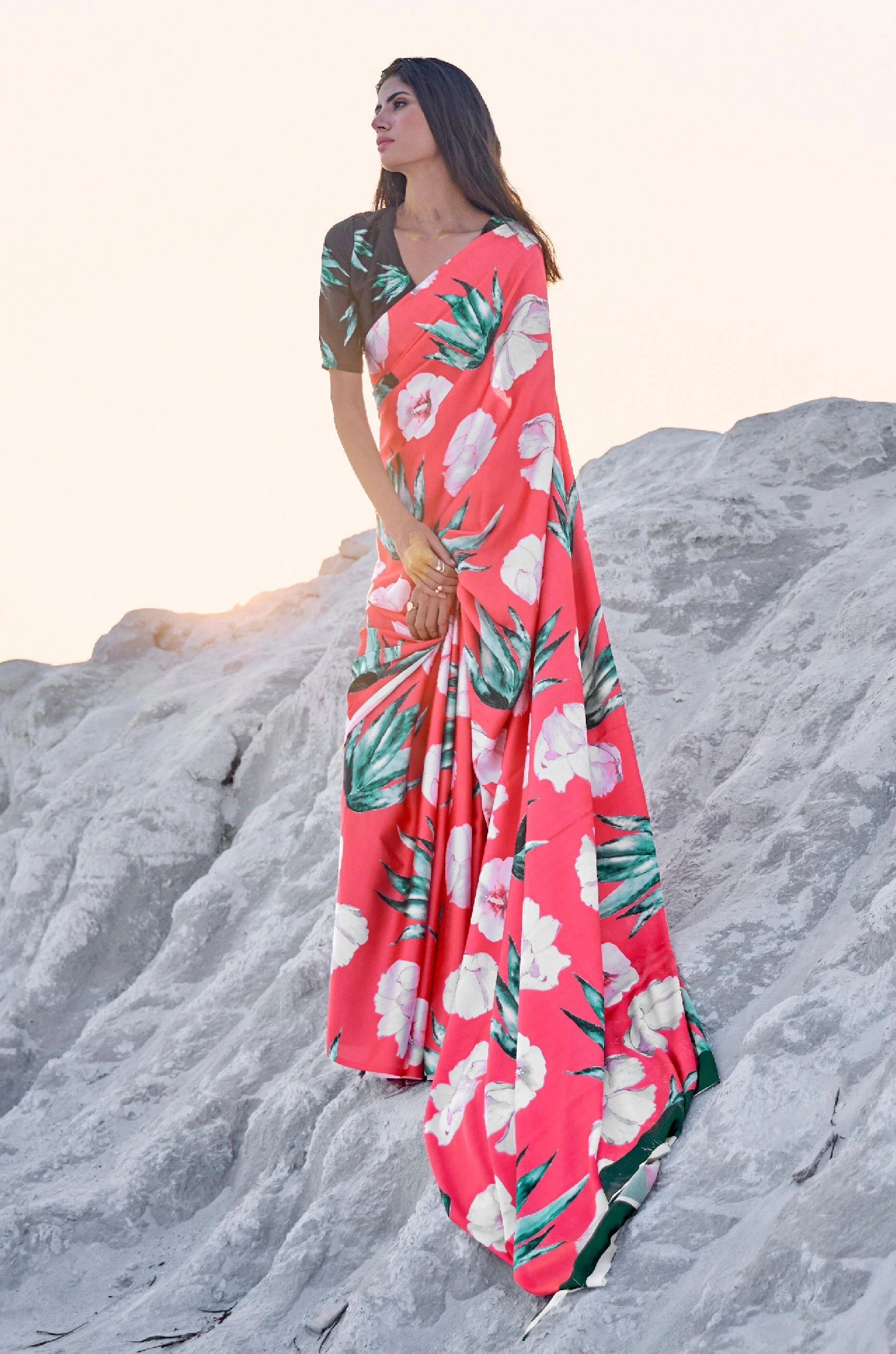 Red Digital Print Satin Silk Saree
