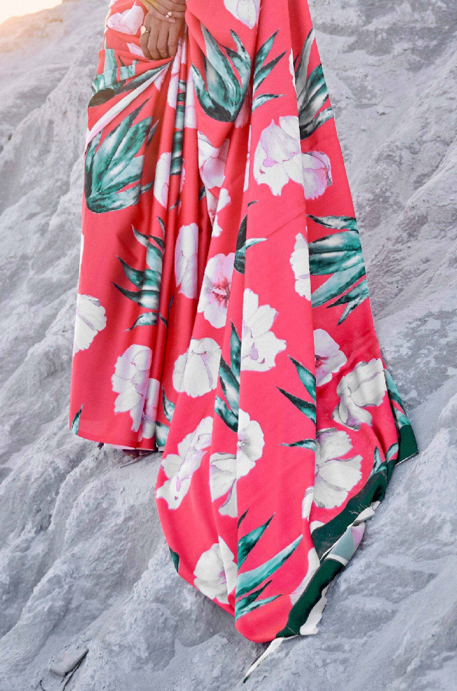 Red Digital Print Satin Silk Saree - Image 2