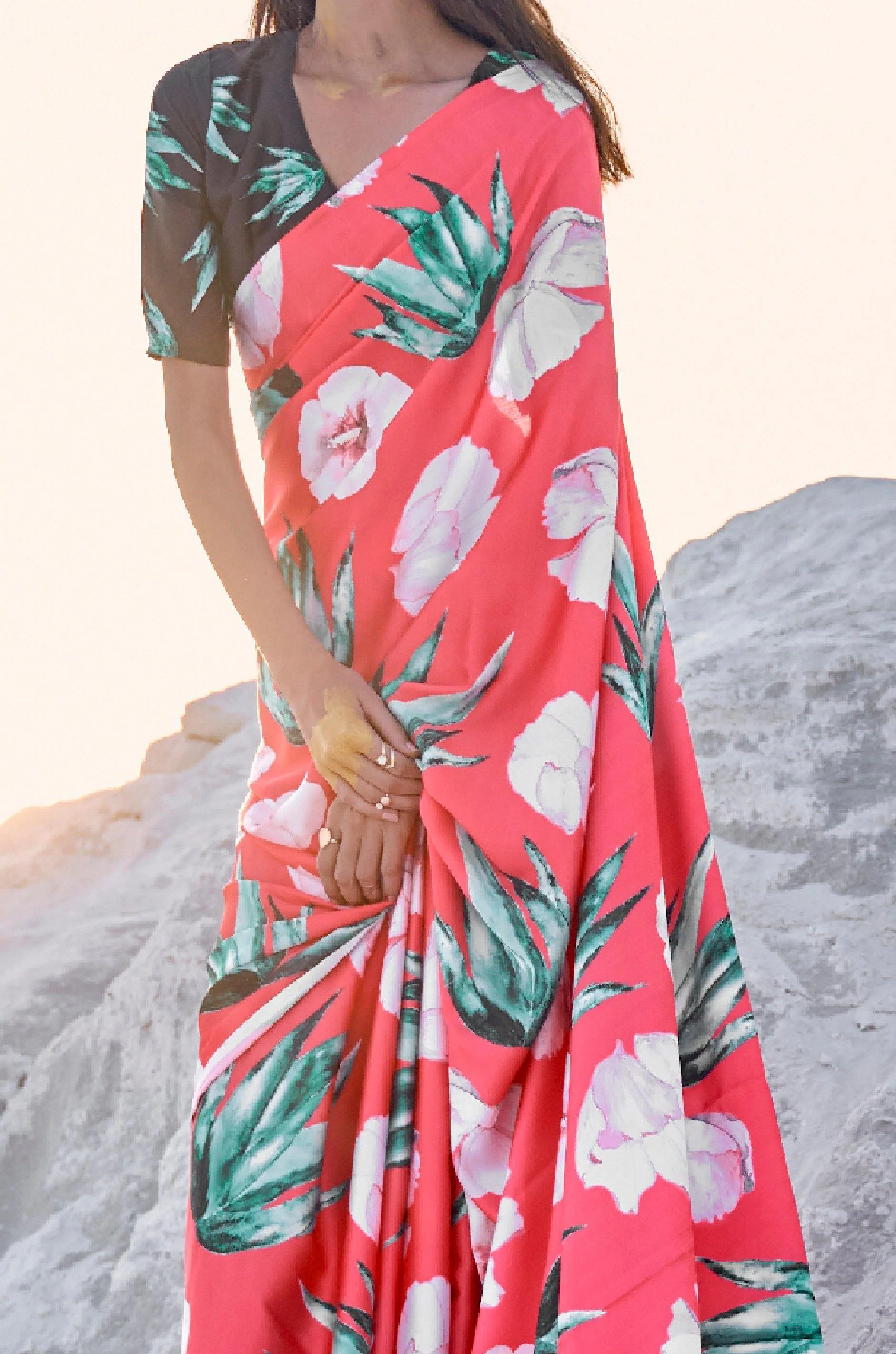 Red Digital Print Satin Silk Saree - Image 3