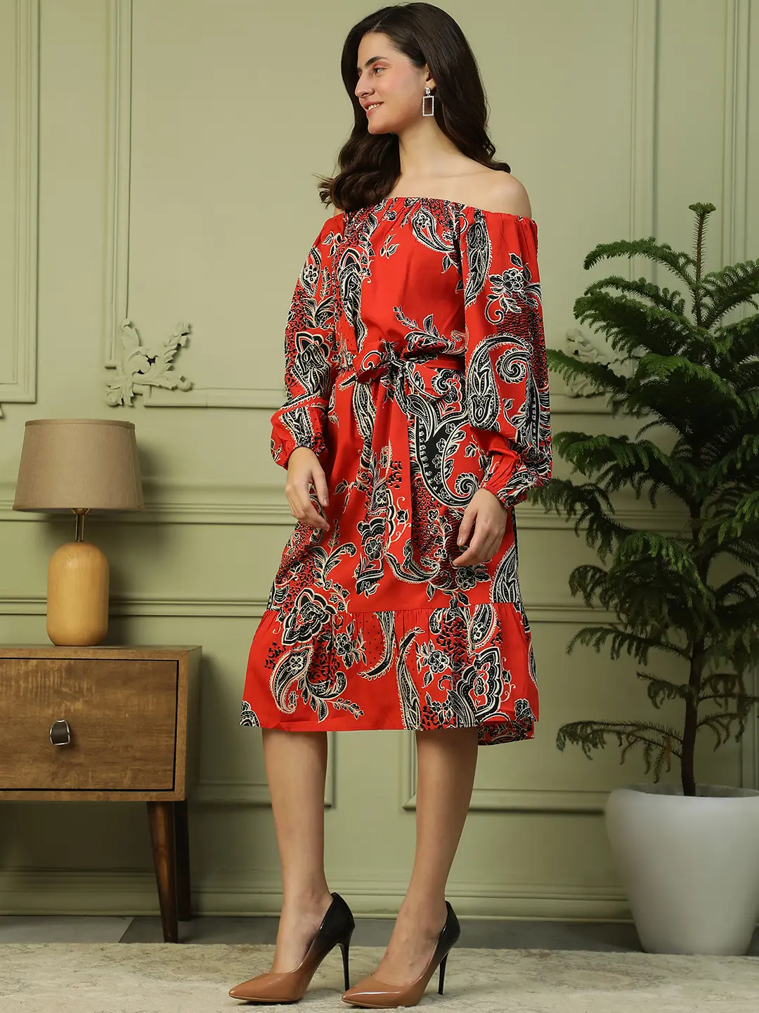 Red Floral Off Shoulder Long Sleeve Women Dress with Belt - Image 6