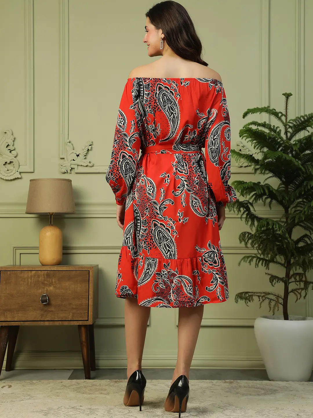 Red Floral Off Shoulder Long Sleeve Women Dress with Belt - Image 8