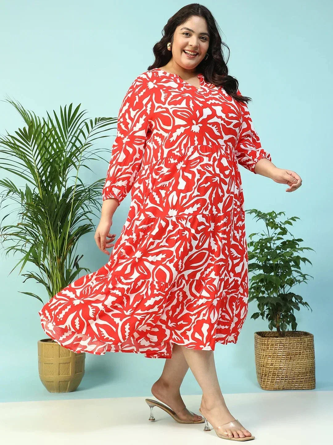 Red Floral Print V-Neck Long Sleeve Flare Maxi Plus Size Women Dress - Image 2