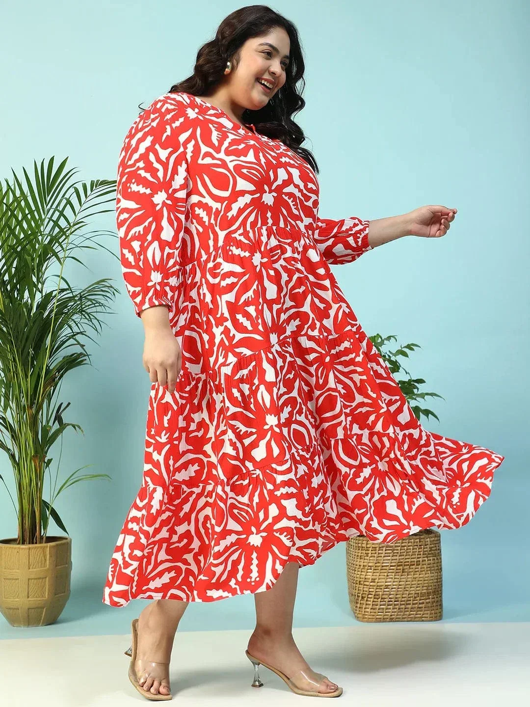 Red Floral Print V-Neck Long Sleeve Flare Maxi Plus Size Women Dress - Image 3