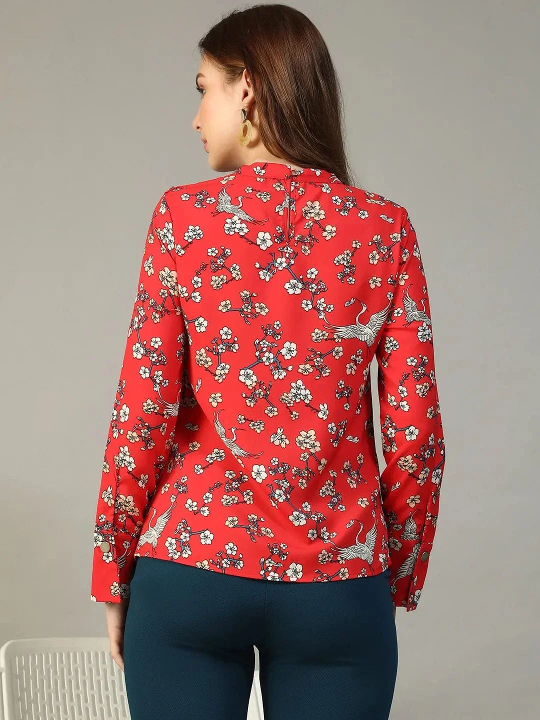 Red Floral Women Top - Long Sleeve Round Neck Printed Blouse For Casual Wear - Image 5