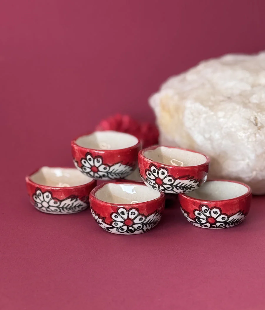 Red Hand Painted Ceramic Diya - Set Of 6 - Image 4