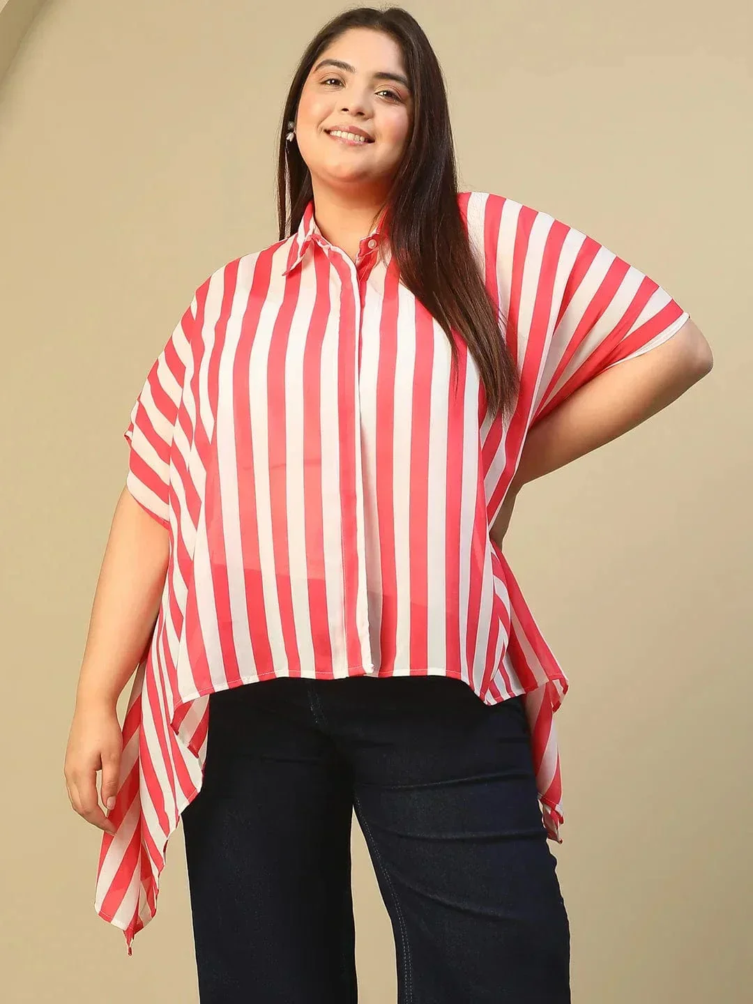 Red Stripe Print Coallred Button Down High Low Hem Plus Size Women Top
