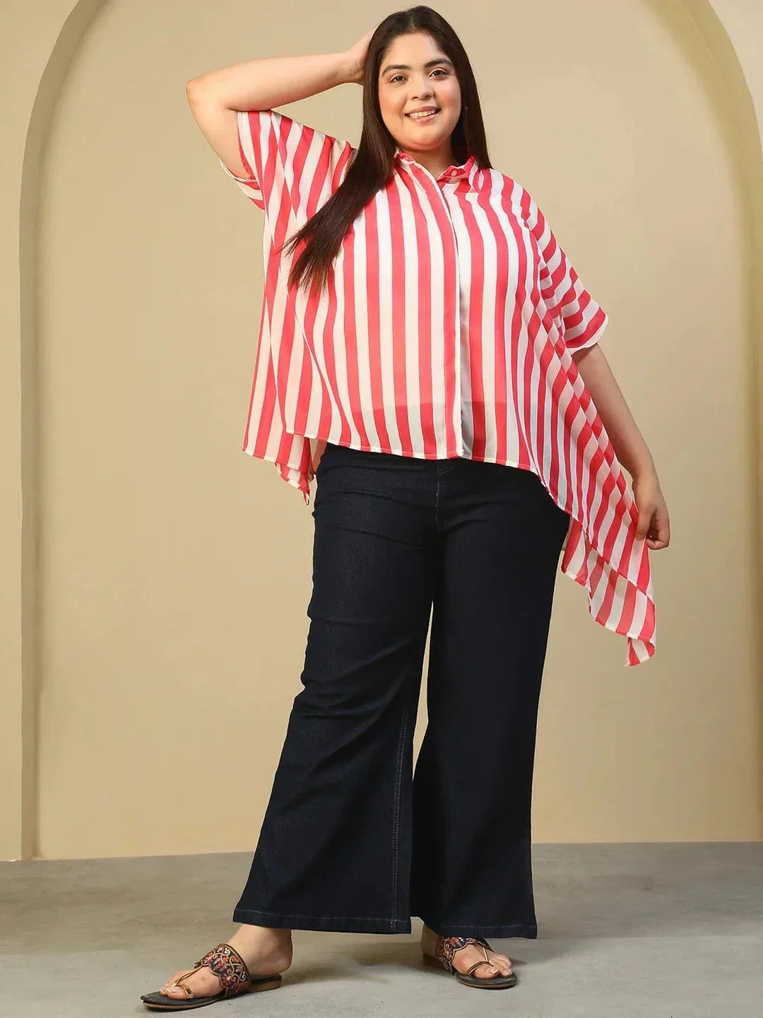 Red Stripe Print Coallred Button Down High Low Hem Plus Size Women Top - Image 2