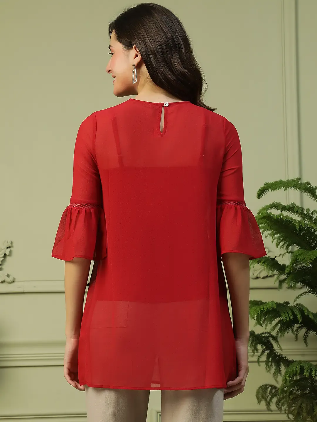 Red Women’s Long Top with 3/4 Bell Sleeves & Embroidery - Image 4