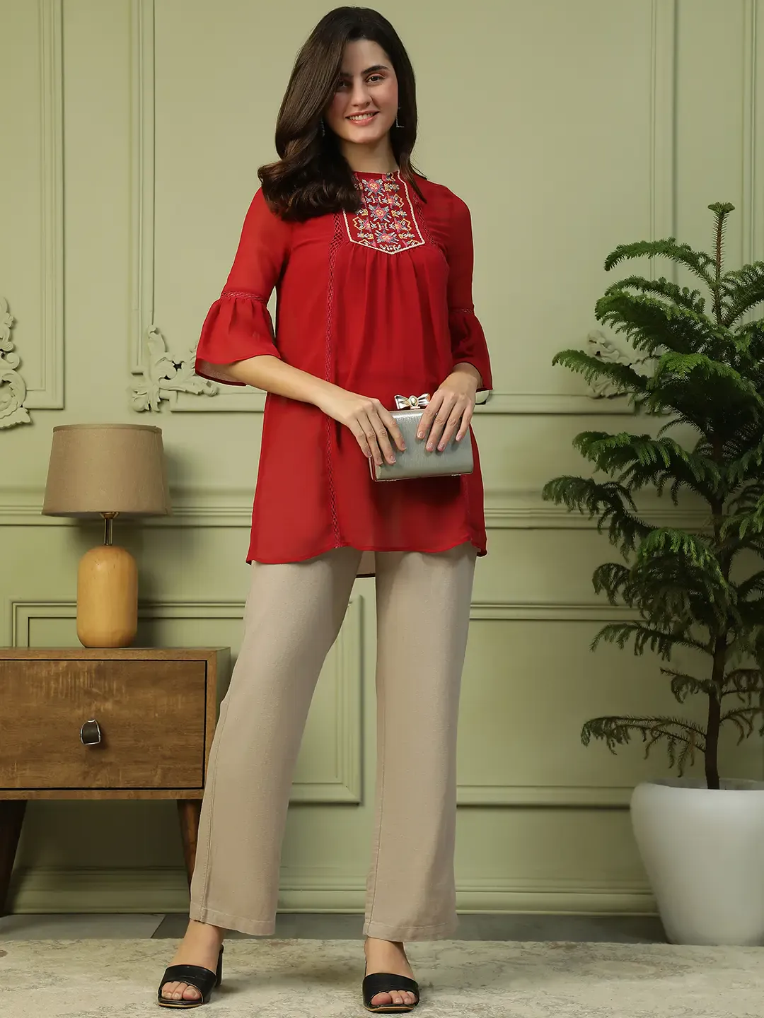 Red Women’s Long Top with 3/4 Bell Sleeves & Embroidery - Image 7