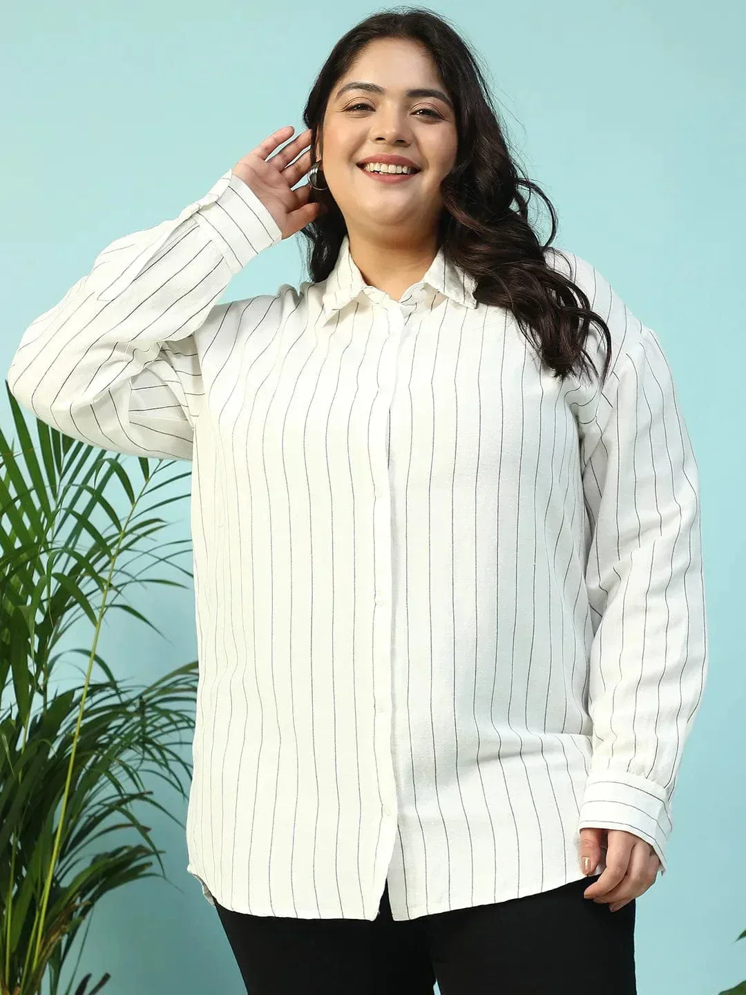 Refined White Collared Stripe Print Long Sleeve Button Down Linen Plus Size Women Cotton Shirt
