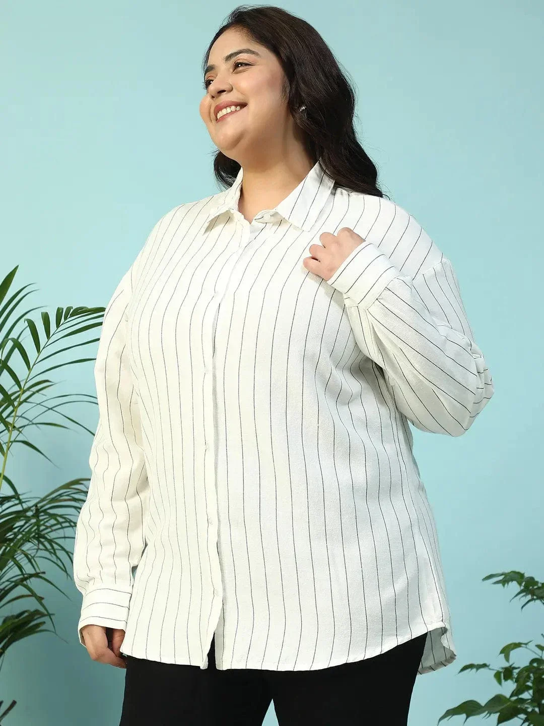 Refined White Collared Stripe Print Long Sleeve Button Down Linen Plus Size Women Cotton Shirt - Image 3