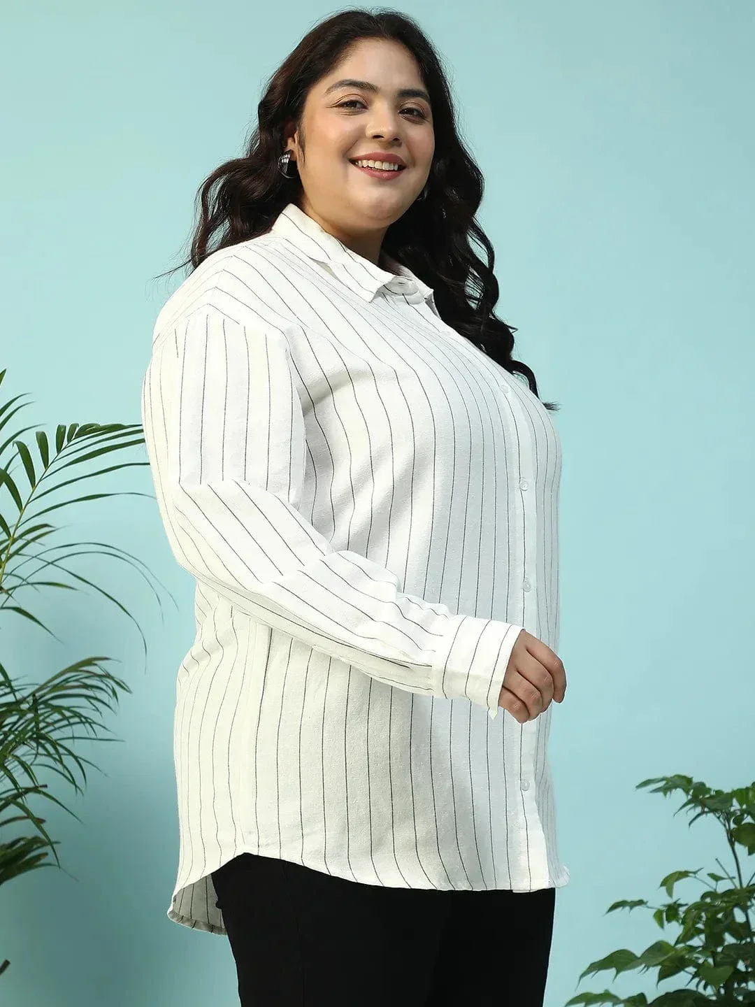 Refined White Collared Stripe Print Long Sleeve Button Down Linen Plus Size Women Cotton Shirt - Image 4